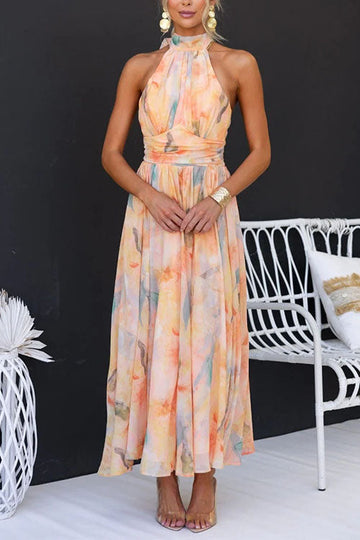 Halter Neck Open Back Waisted Watercolor Print Maxi Dress – Women’s fashion piece