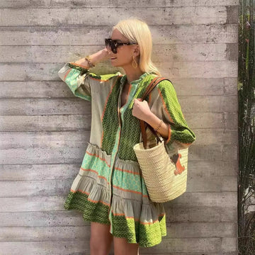 Selene | Cotton Linen Green Print Dress – Women’s fashion piece