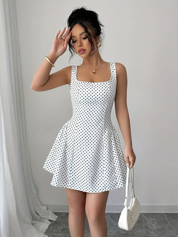 Elegant Short Dress With Polka Dots And A Square Neckline. – Women’s fashion piece