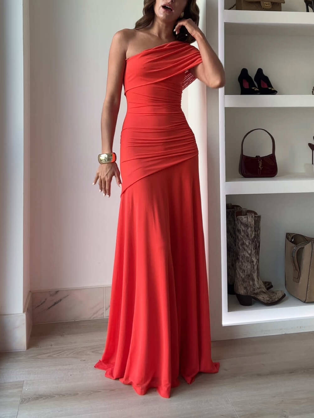 Elegance Effortless Mesh Off Shoulder Ruched Stretch Maxi Dress – Women’s fashion piece