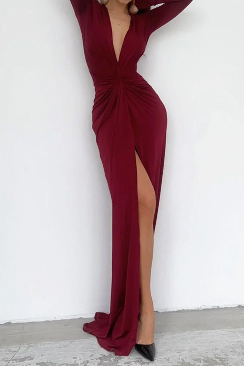 Kalani V Neck Long Sleeve One Leg Open Stylish Pleated Dress
