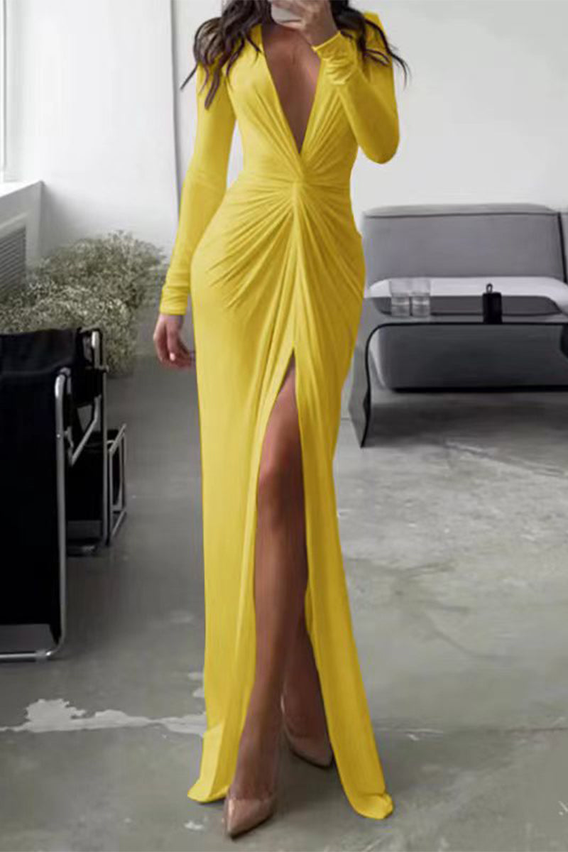 Kalani V Neck Long Sleeve One Leg Open Stylish Pleated Dress
