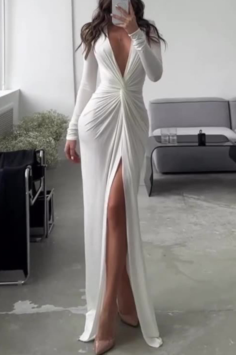 Kalani V Neck Long Sleeve One Leg Open Stylish Pleated Dress – Women’s fashion piece