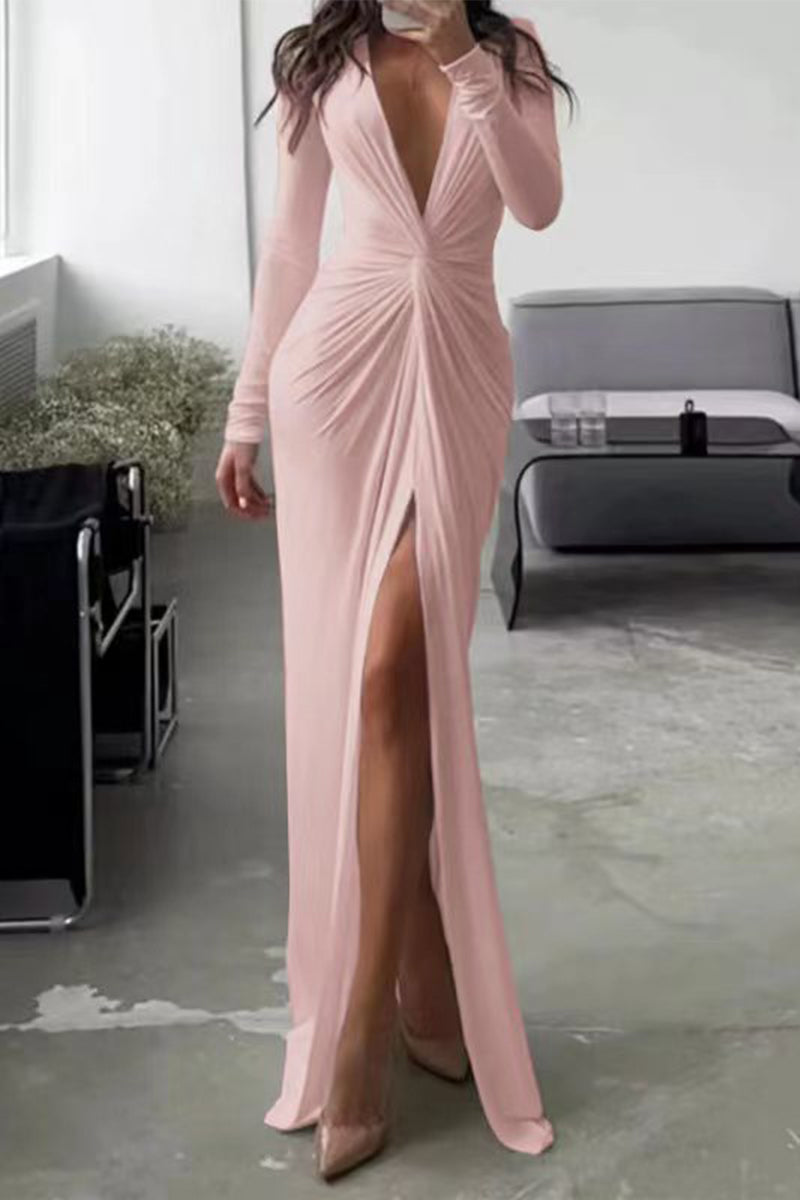 Kalani V Neck Long Sleeve One Leg Open Stylish Pleated Dress