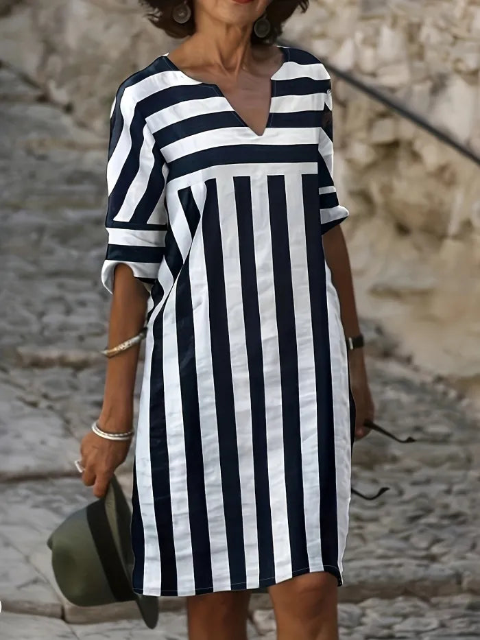 Faith Casual Striped Dress With Notched Neckline – Women’s fashion piece