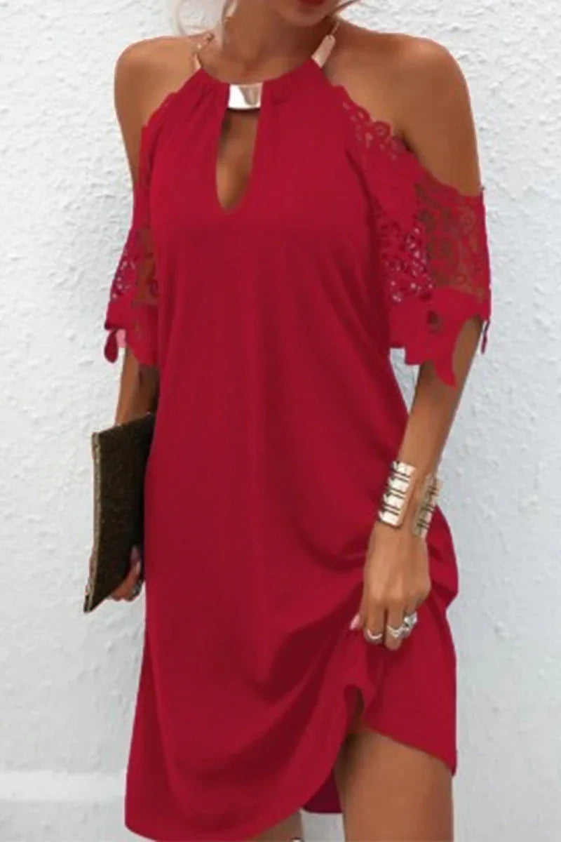 Naila Elegant Solid Lace Dress With Metallic Accessories And Embellishments, With A Belt Line. – Women’s fashion piece