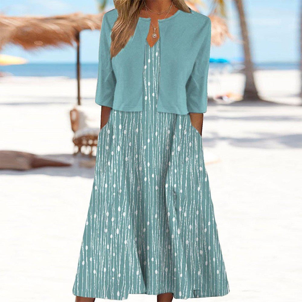 Unique Blue Plant Print Midi Dress With Jacket – Women’s fashion piece