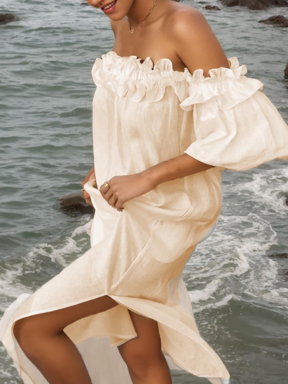 Ruffle Off Shoulder Puff Sleeve Pocketed Midi Dress – Women’s fashion piece