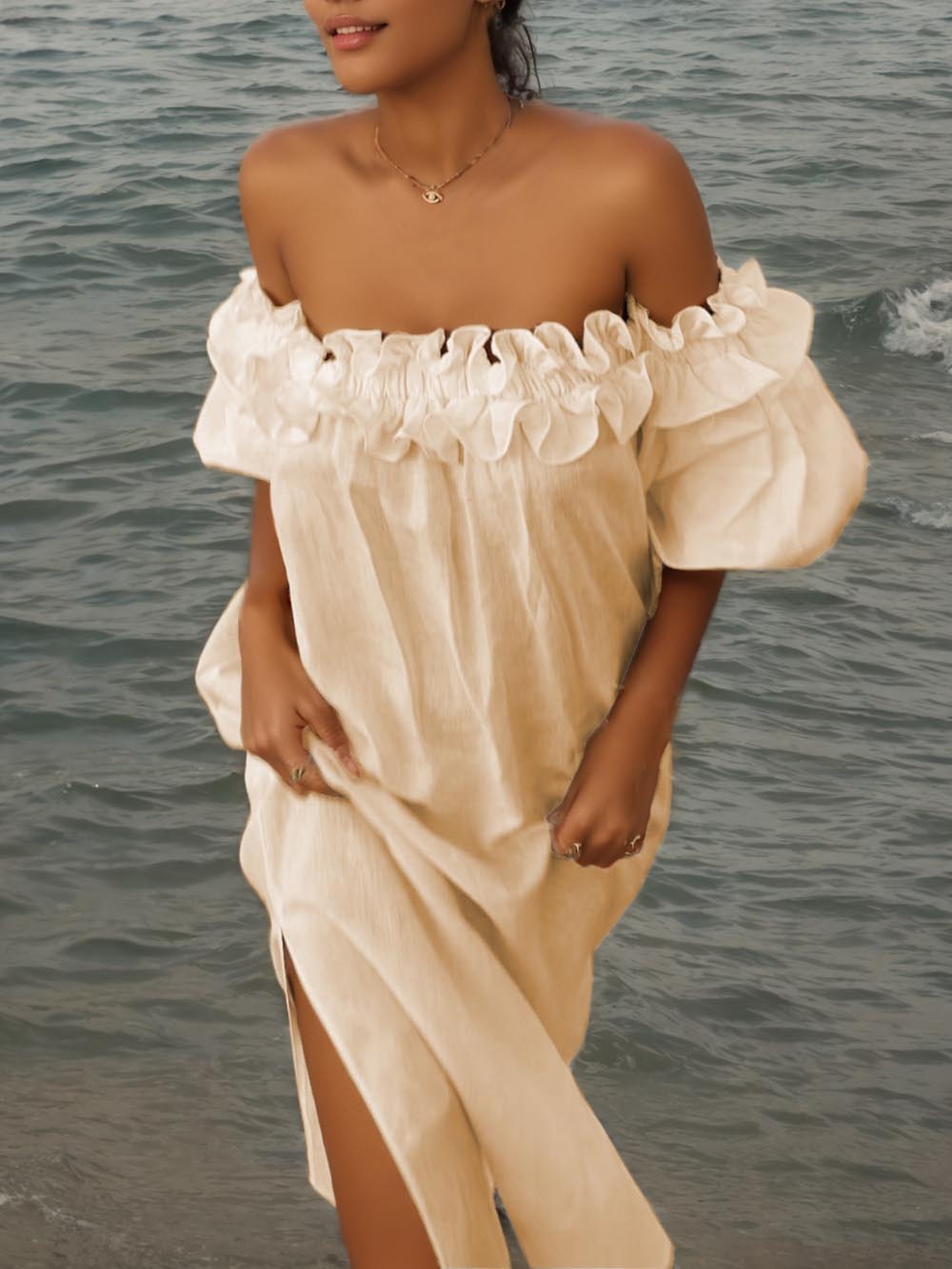 Ruffle Off Shoulder Puff Sleeve Pocketed Midi Dress – Women’s fashion piece