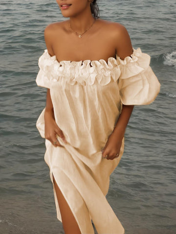 Ruffle Off Shoulder Puff Sleeve Pocketed Midi Dress – Women’s fashion piece