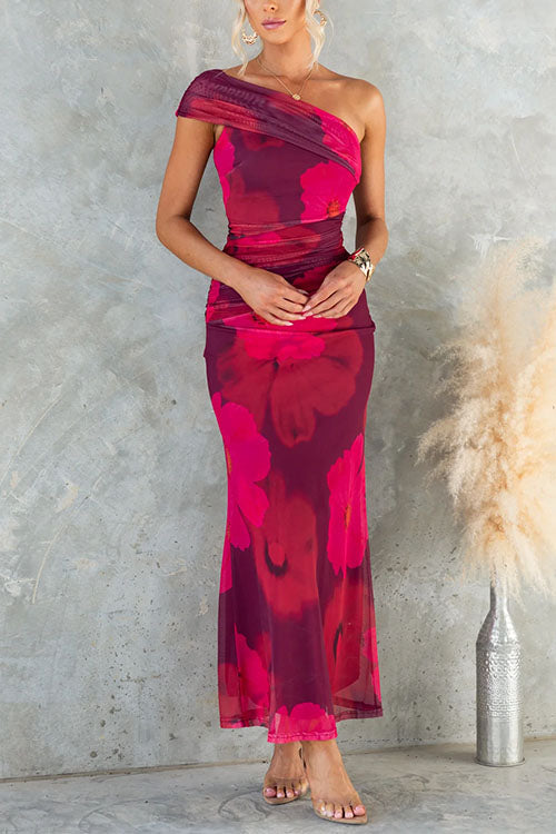 One Shoulder Floral Print Mesh Bodycon Maxi Dress – Women’s fashion piece
