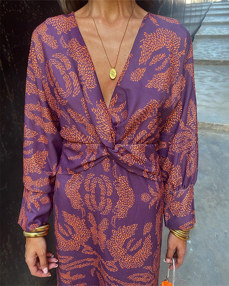 Janella Vintage Draped Long Sleeve Midi Dress