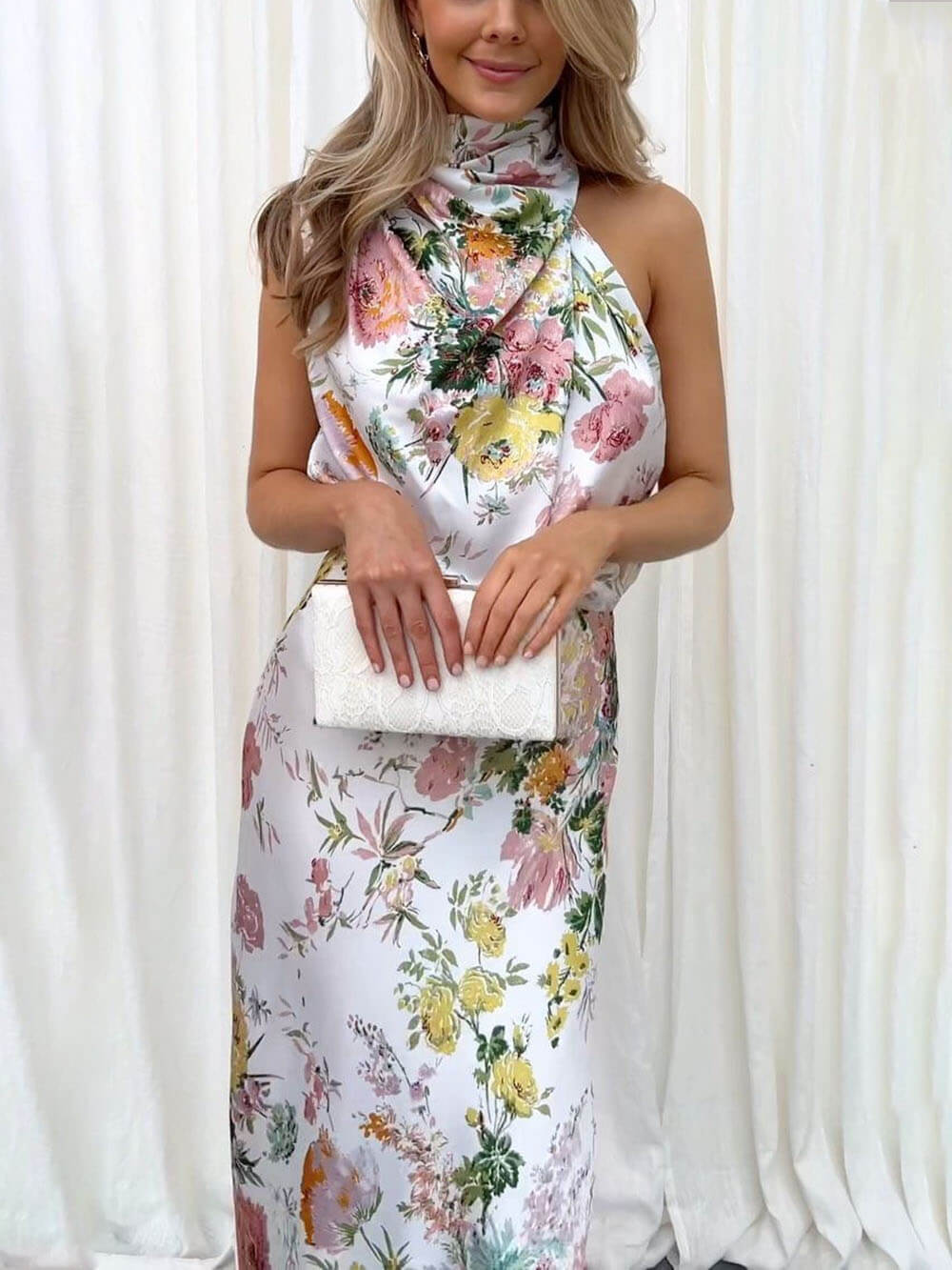 Halter Neck Floral Elastic Waist Maxi Dress – Women’s fashion piece