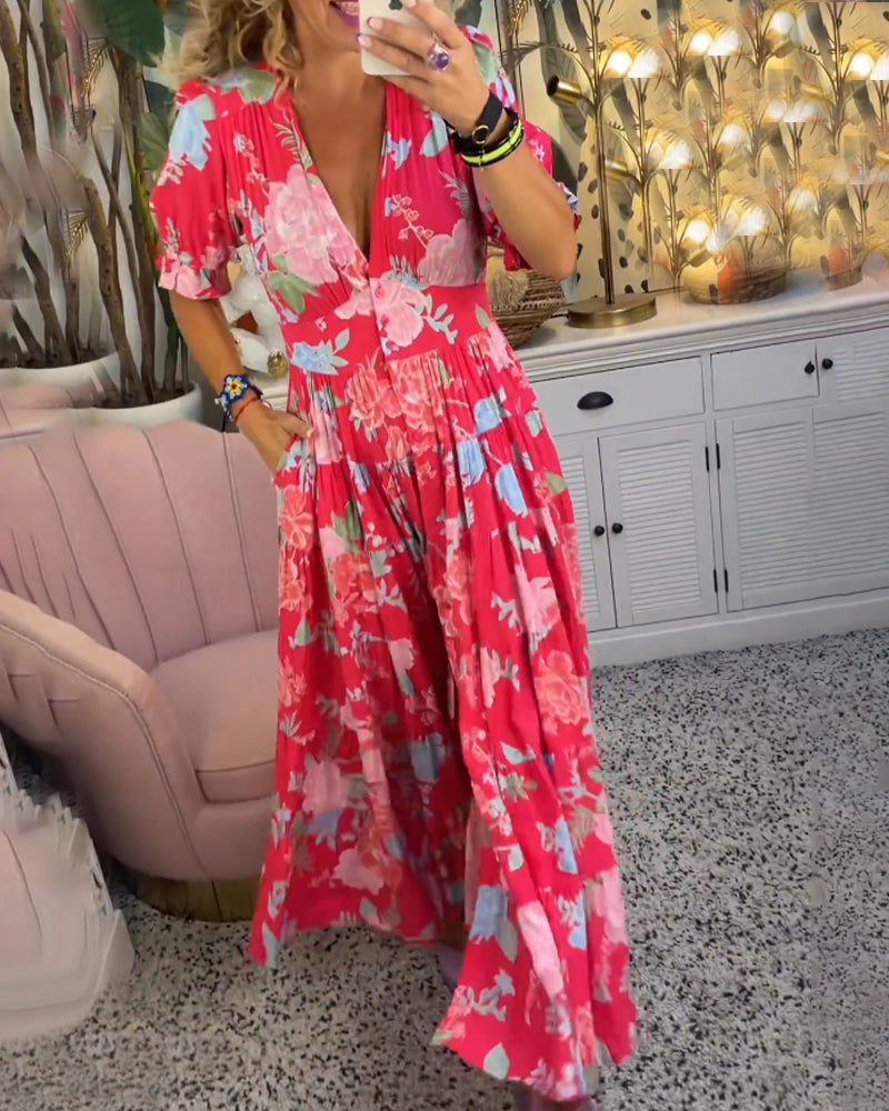 Adelaide Floral Print V Neck Pocket Dress