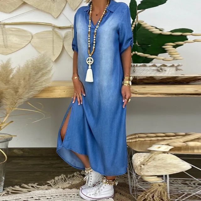 Lea™ | Long Denim Look Dress With Side Slit