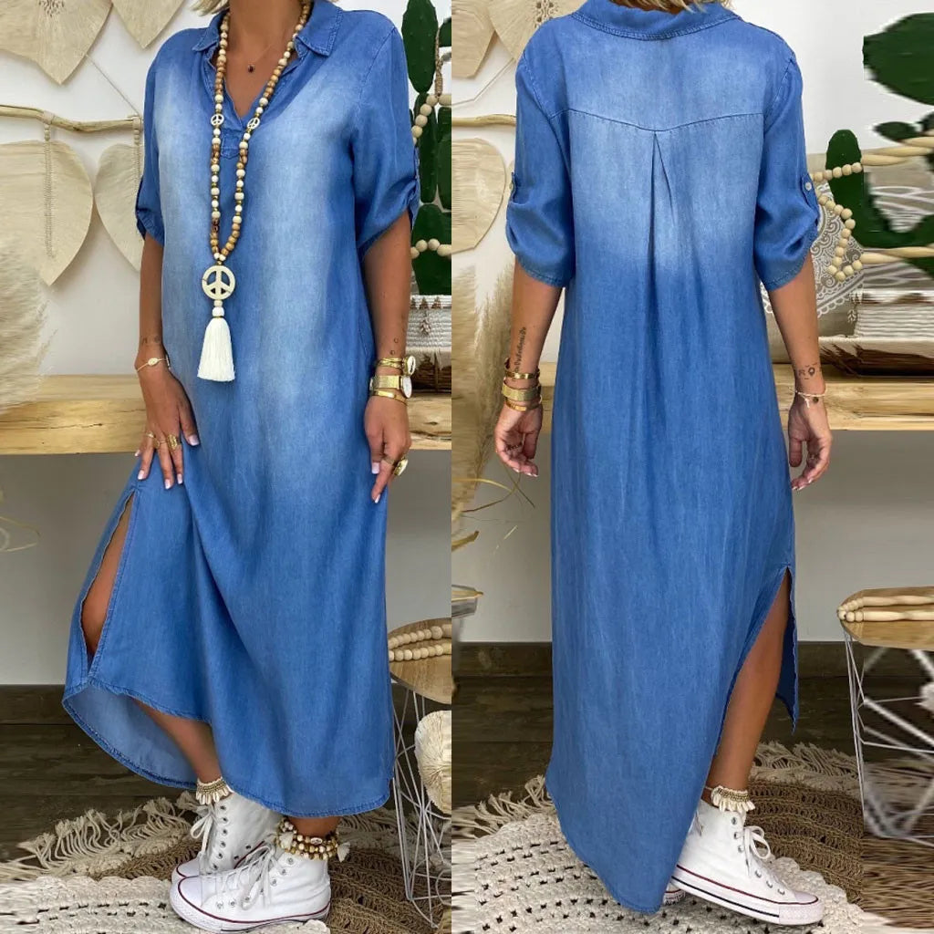 Lea™ | Long Denim Look Dress With Side Slit