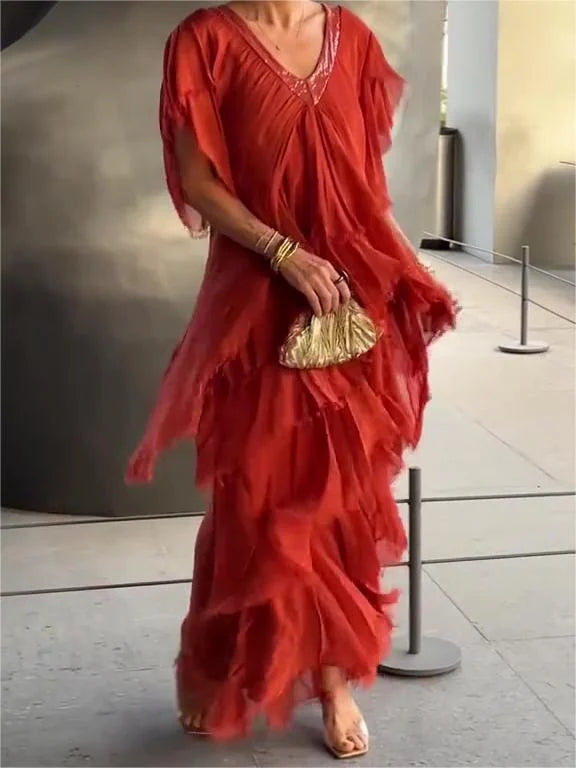 Blaise Ruffled Short Sleeves V Neck Maxi Dress