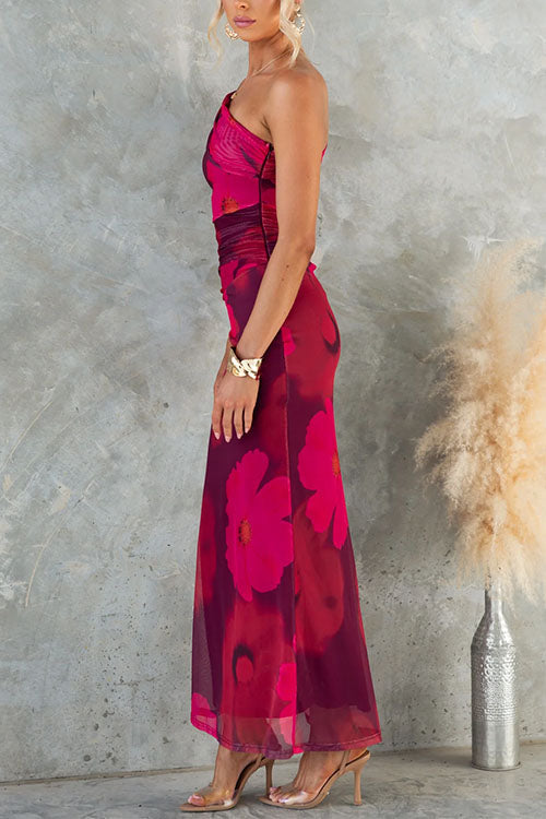 One Shoulder Floral Print Mesh Bodycon Maxi Dress – Women’s fashion piece