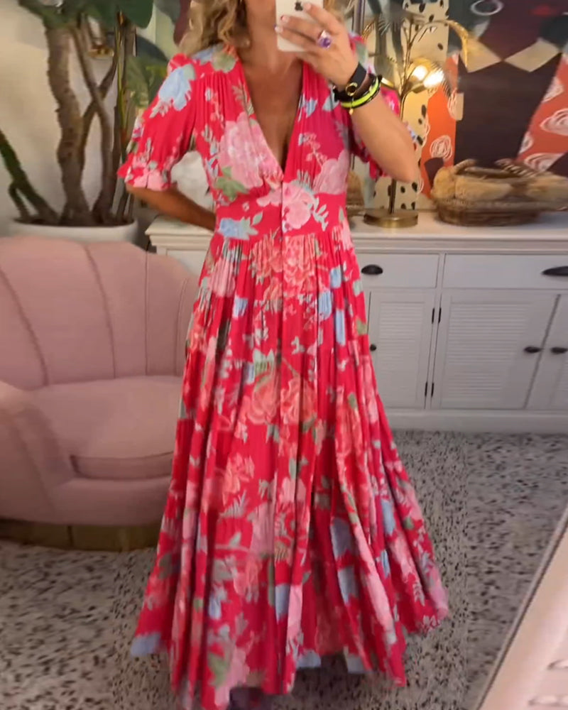 Adelaide Floral Print V Neck Pocket Dress
