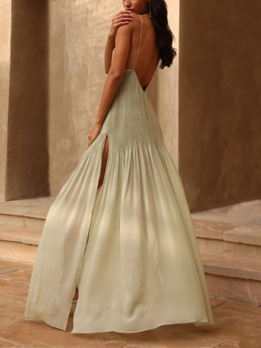 Sunset Unique Pleated Patchwork Slit Maxi Dress – Women’s fashion piece