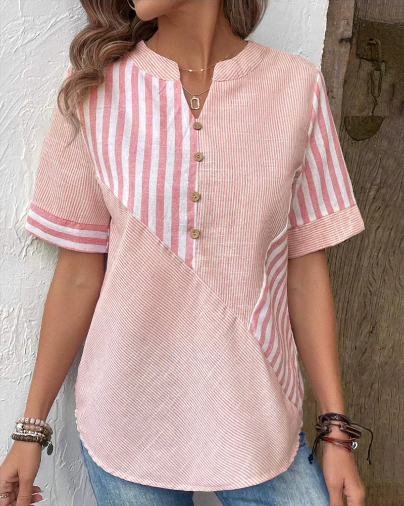 Jenny Linen Cotton Striped Summer Button Top