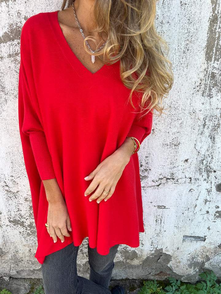 Cherry Oversized V Neck Knit Pullover