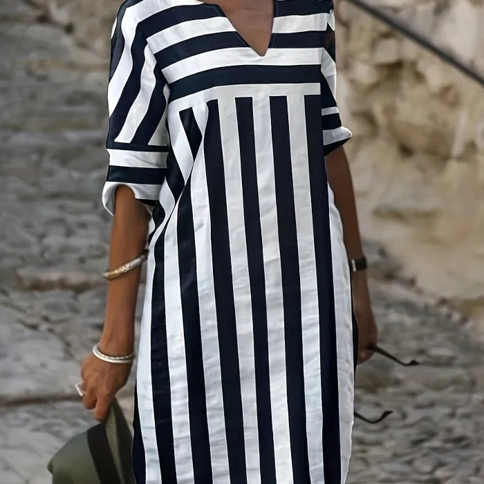 Faith Casual Striped Dress With Notched Neckline – Women’s fashion piece