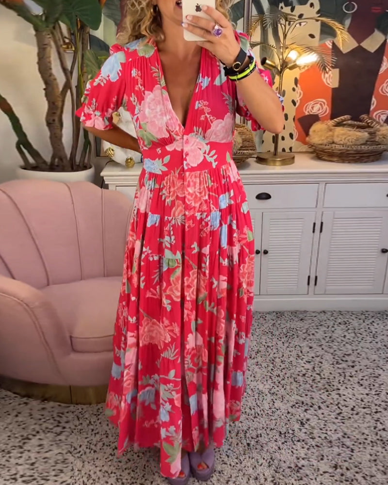 Adelaide Floral Print V Neck Pocket Dress