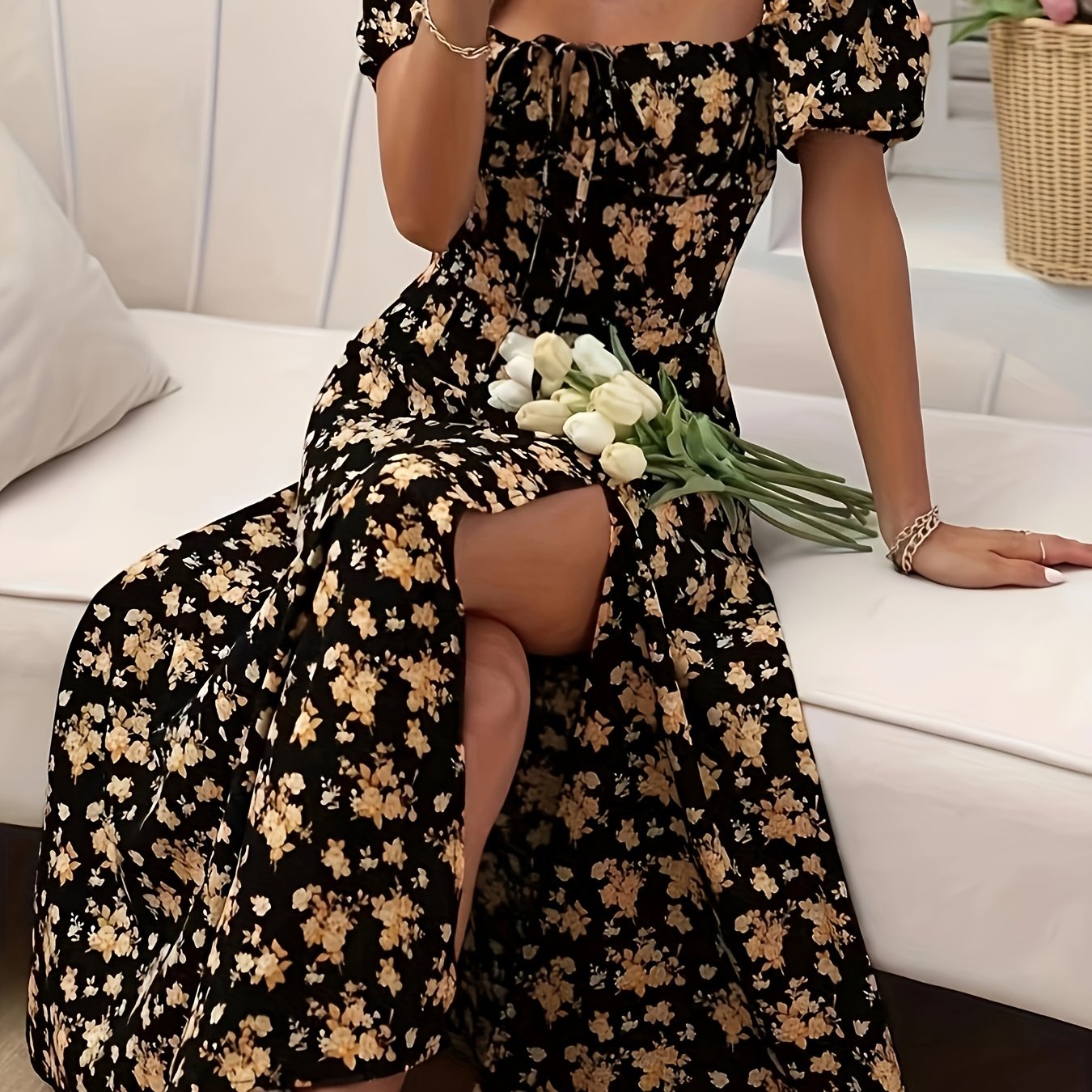 Calyx Artistic Floral Print Puff Sleeve Dress