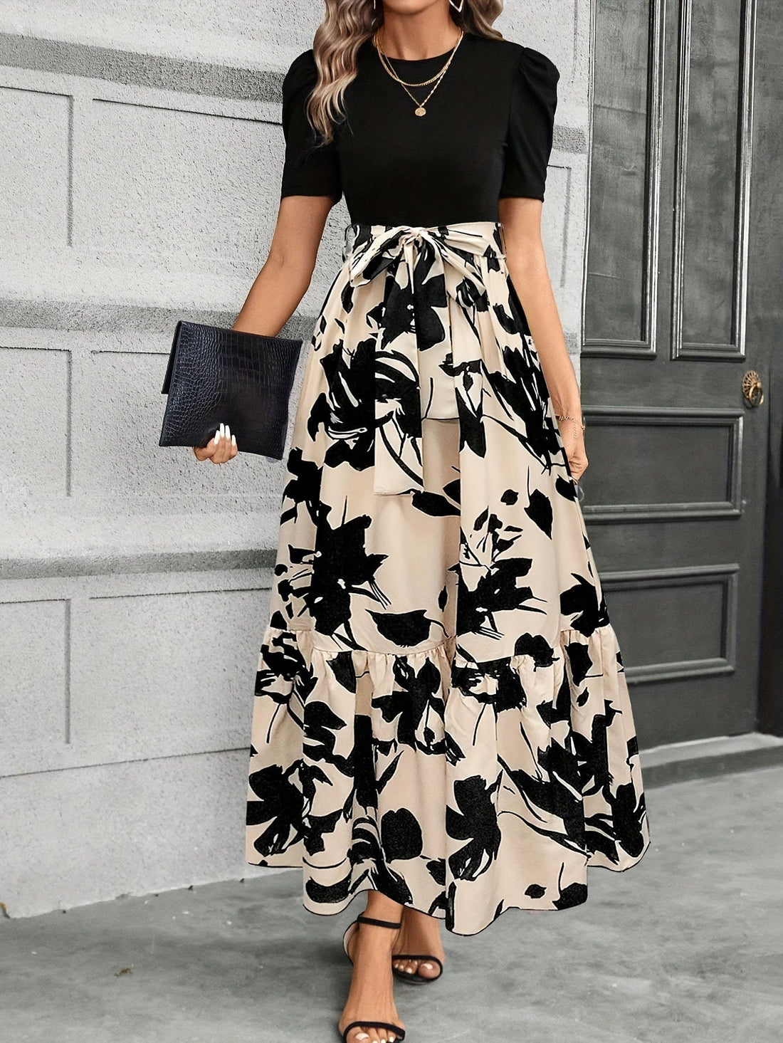 Briony Floral High Waist Dress With Ruffle Hem – Women’s fashion piece
