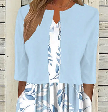 Unique Blue Plant Print Midi Dress With Jacket – Women’s fashion piece