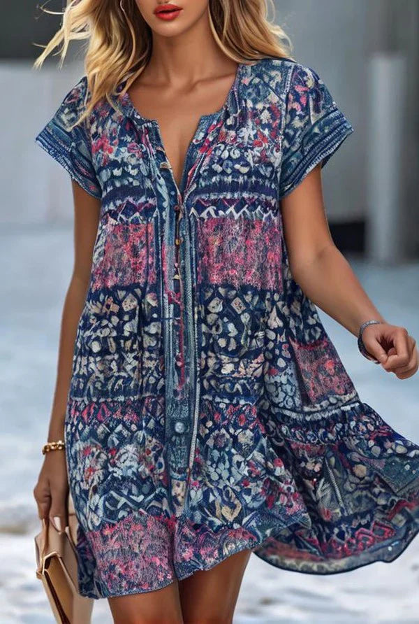 Vibrant Print Short Sleeve Mini Dress – Women’s fashion piece
