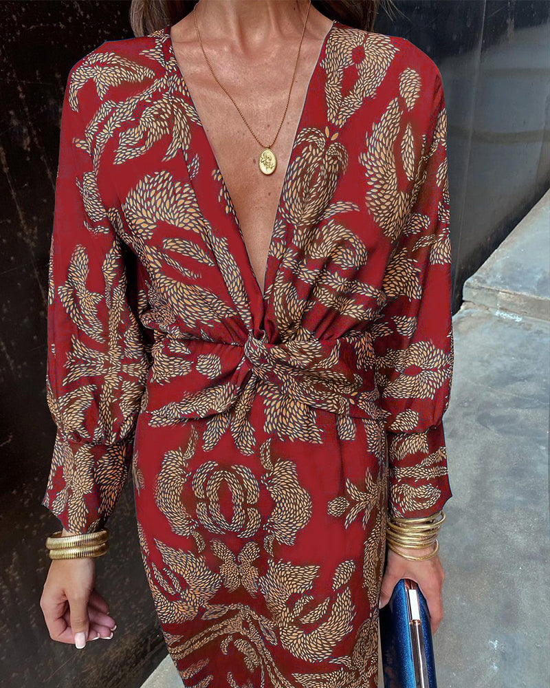 Janella Vintage Draped Long Sleeve Midi Dress