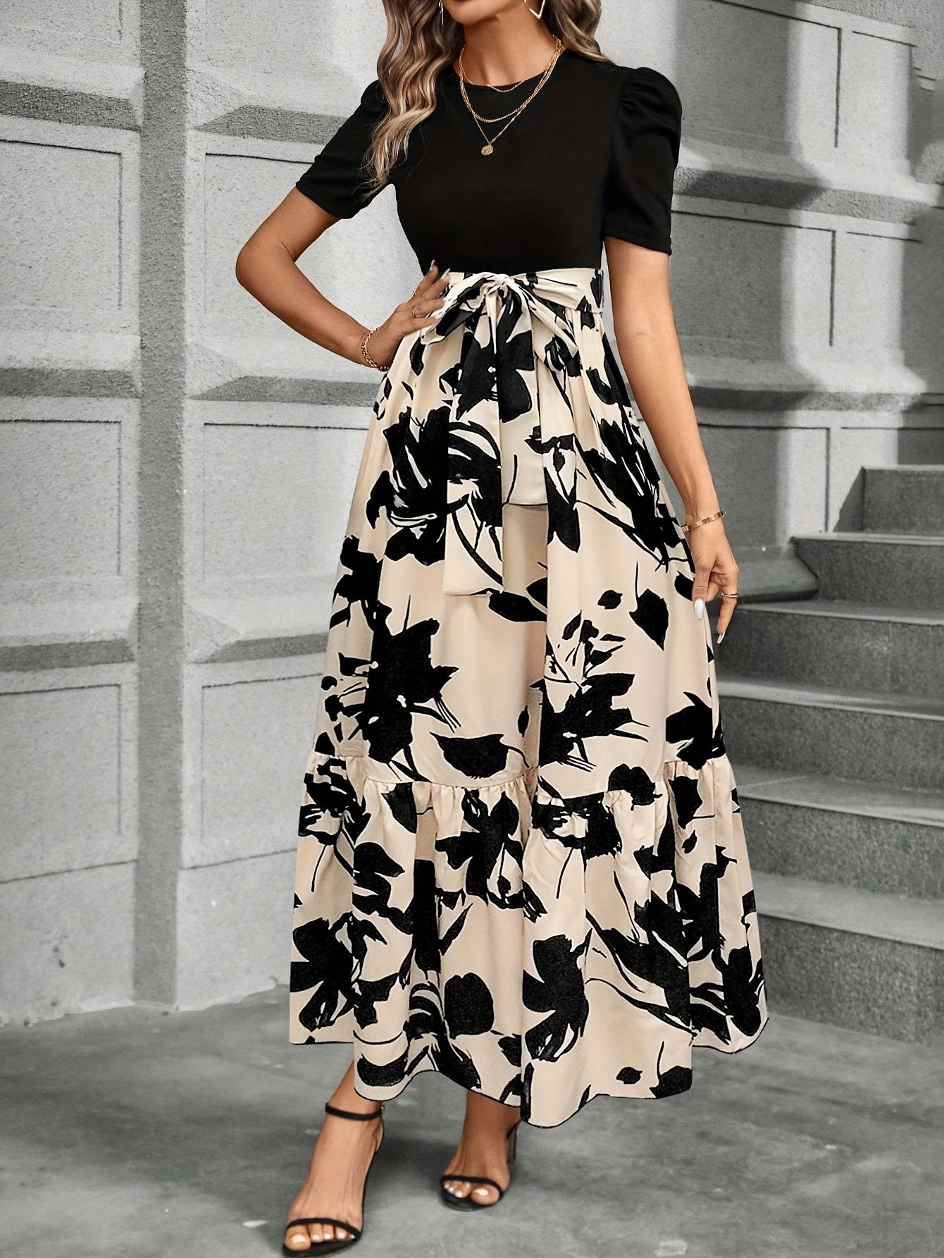 Briony Floral High Waist Dress With Ruffle Hem