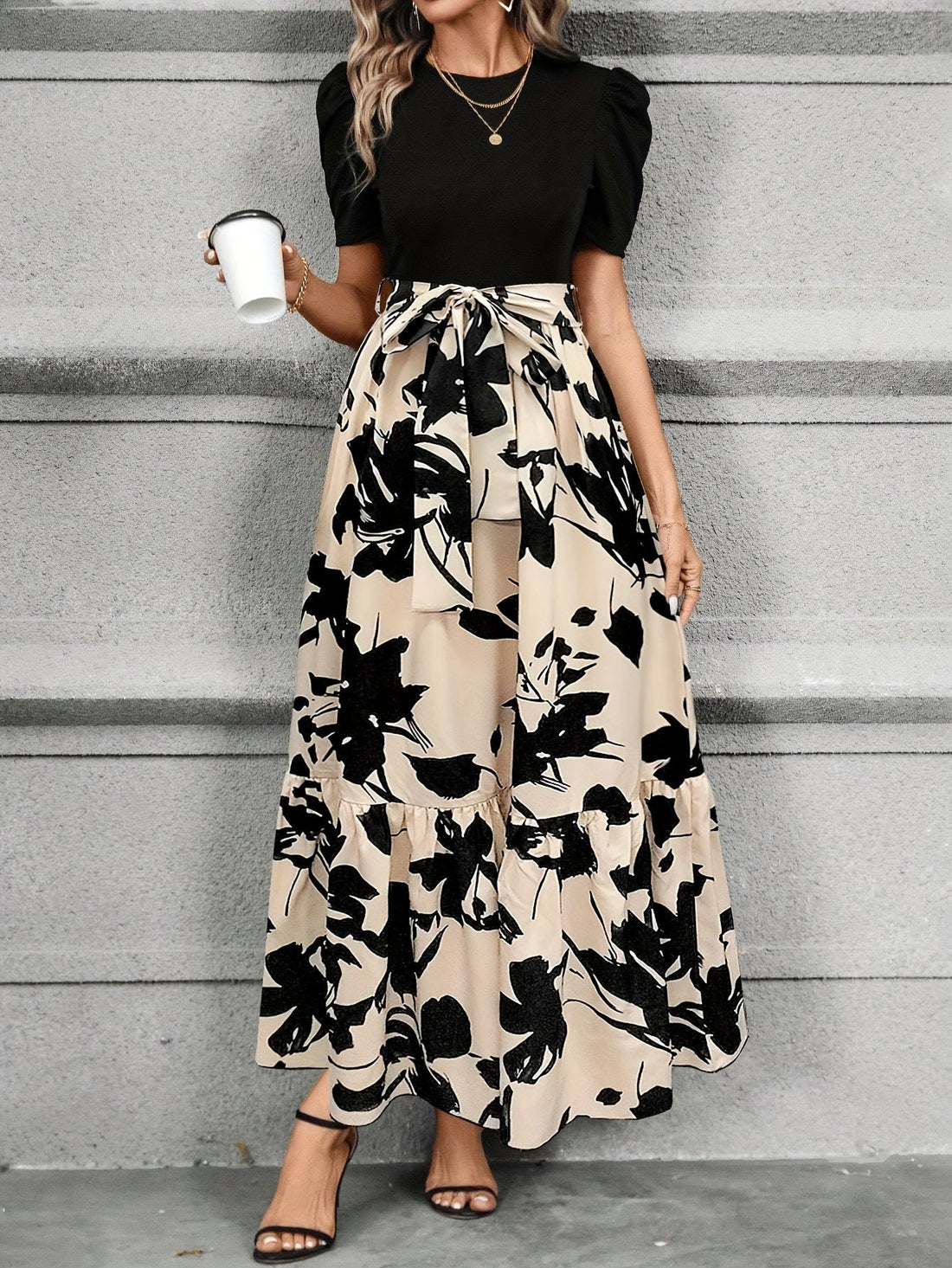 Briony Floral High Waist Dress With Ruffle Hem – Women’s fashion piece