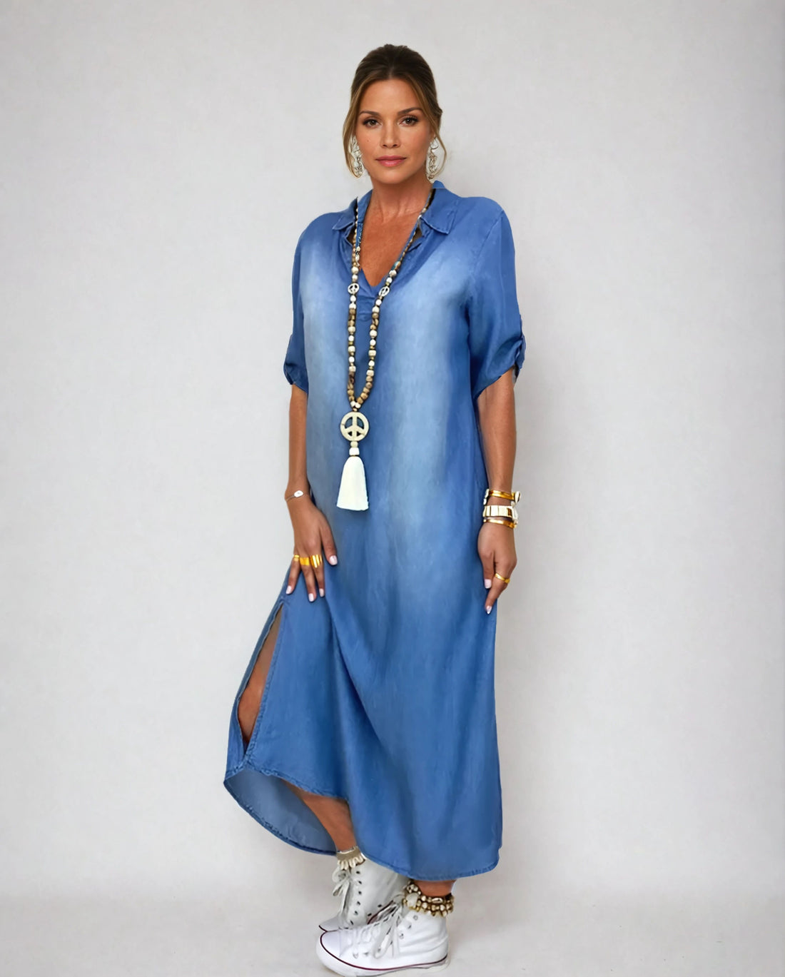 Lea™ | Long Denim Look Dress With Side Slit – Women’s fashion piece