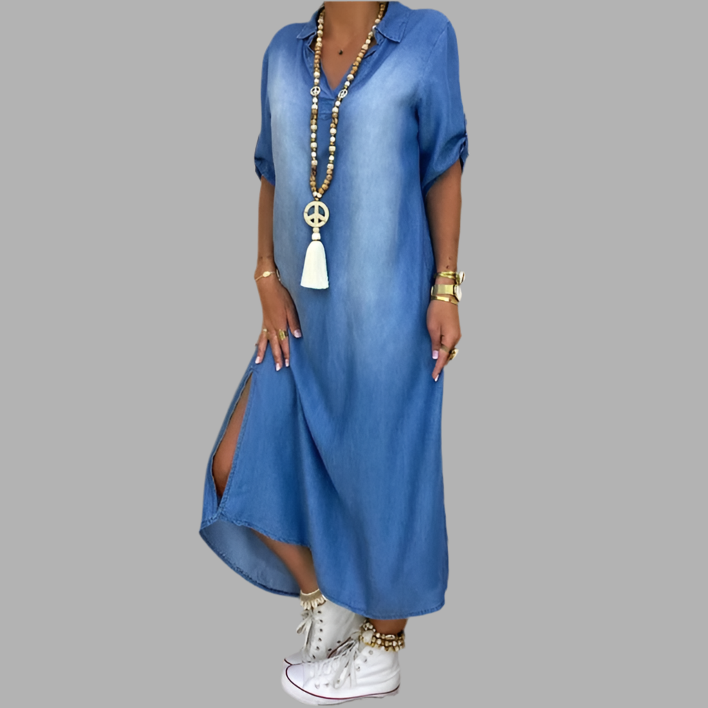 Lea™ | Long Denim Look Dress With Side Slit – Women’s fashion piece