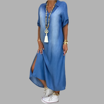 Lea™ | Long Denim Look Dress With Side Slit – Women’s fashion piece