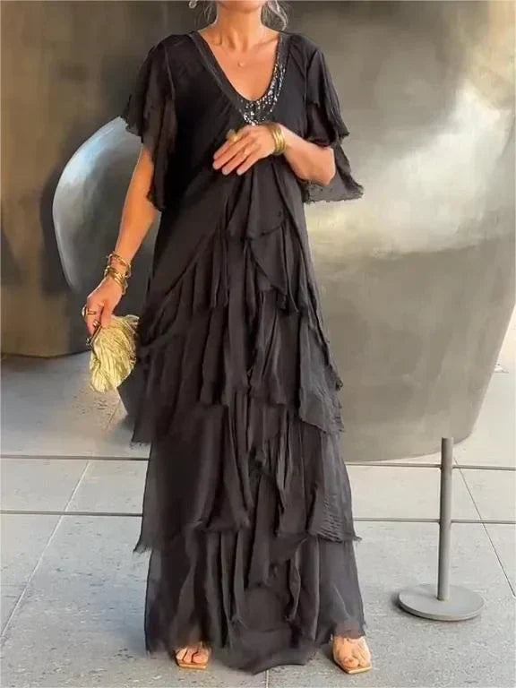 Blaise Ruffled Short Sleeves V Neck Maxi Dress – Women’s fashion piece