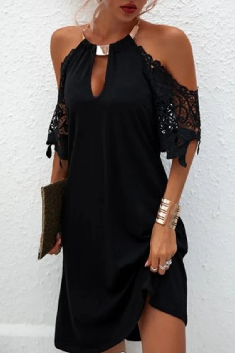 Naila Elegant Solid Lace Dress With Metallic Accessories And Embellishments, With A Belt Line. – Women’s fashion piece