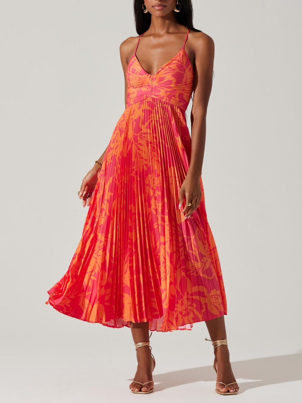 Elegant Floral Print Pleats Midi Dress – Women’s fashion piece