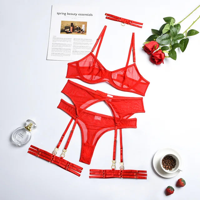 Monet Embroidered Mesh Lingerie Set