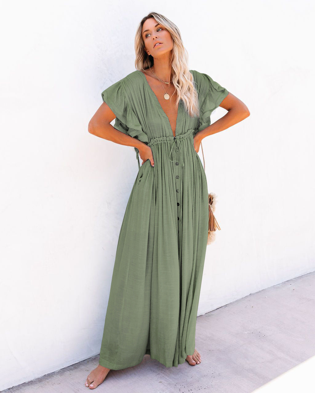 Audra Boho V Neck Kimono Beach Cover Up Dress