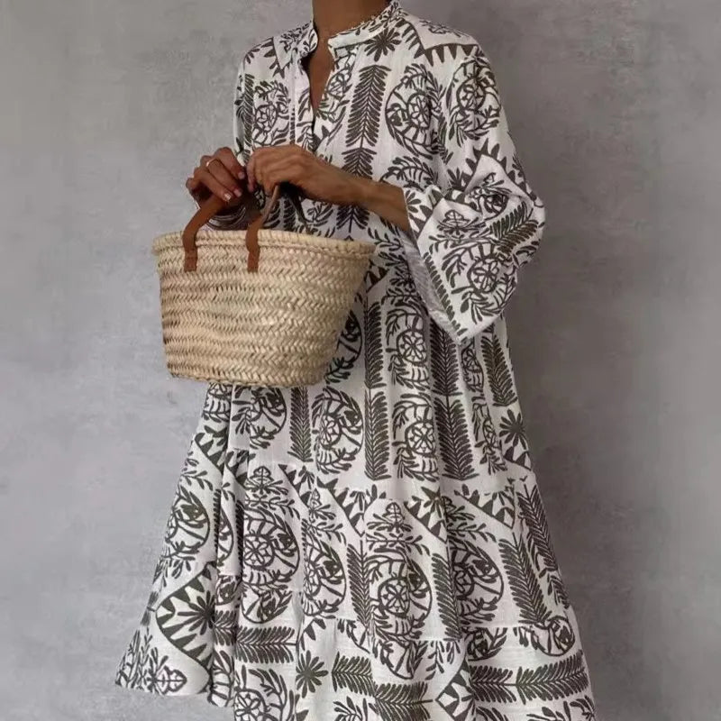 Adeline | Printed V Neck A Line Skirt Dress