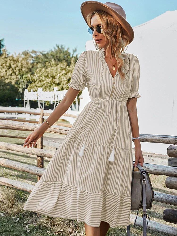 Maya | Striped Tassel V Neck Dress