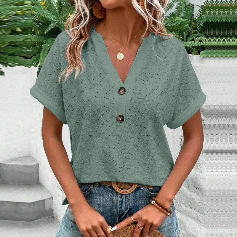 Erza Eyelet Button V Neck Top – Women’s fashion piece