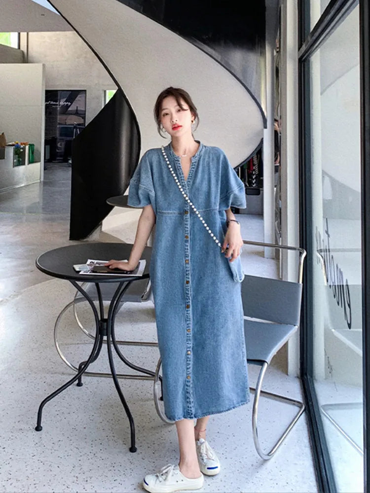 Isla Button Front Cotton And Denim Blend Dress – Women’s fashion piece