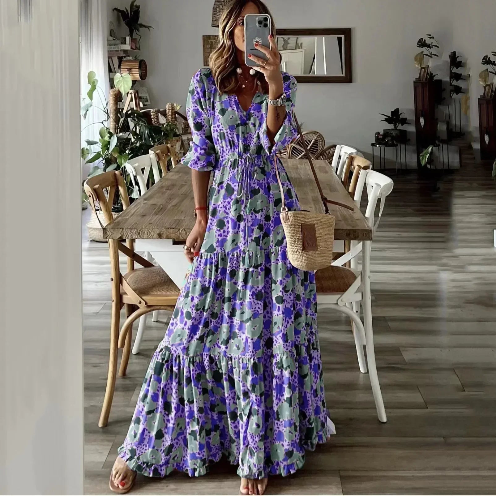 Liora | V Neck Printed Swing Maxi Dress