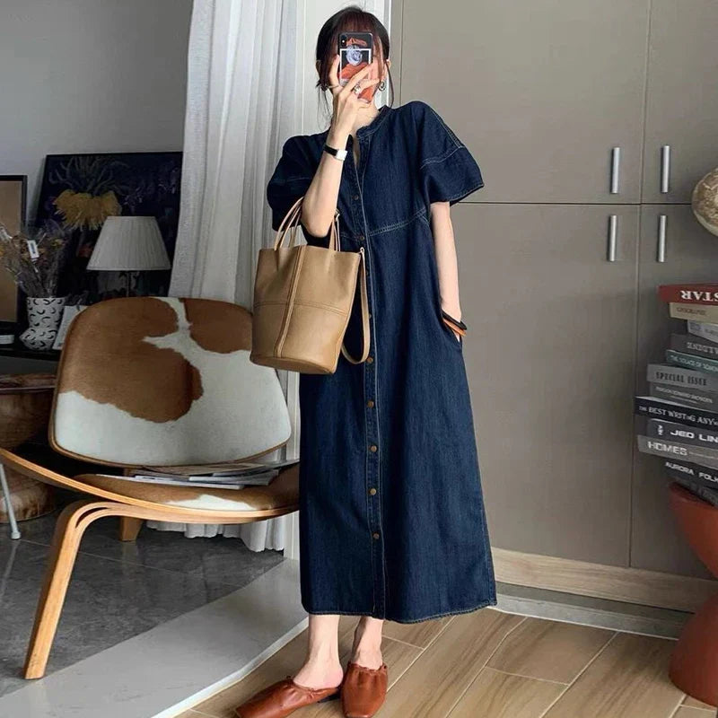 Isla Button Front Cotton And Denim Blend Dress