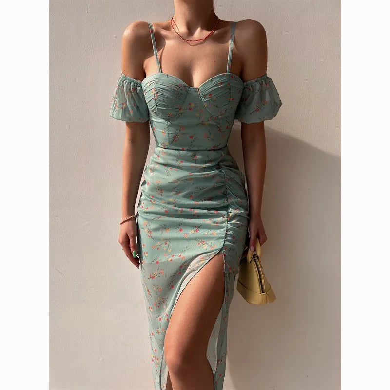 Flora | Floral Strap Dress With High Slit – Women’s fashion piece